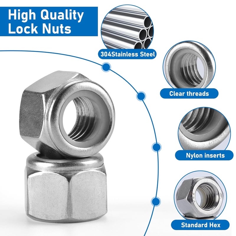 Vmuter 100 Pack 1/4"-20 Inch Lock Nuts, 304 (A2-70) Stainless Steel Nylon Insert Locknuts,Standard Inch Thread Nylock Nuts - Image 3